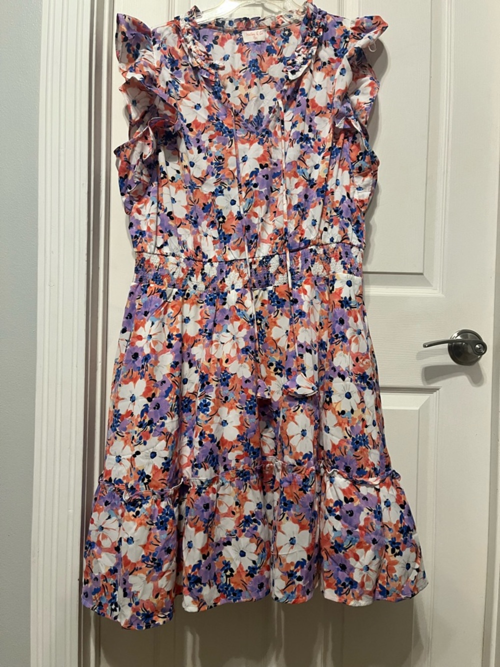 Floral Ruffle Sleeve Sundress in White, Coral & Lavender